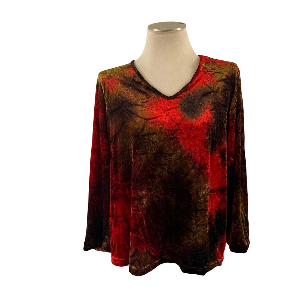 Vtg Y2K 2000s Red Tie Dye Velvet Long Sleeve Top Plus Sz 2X Forest Fairy Grunge